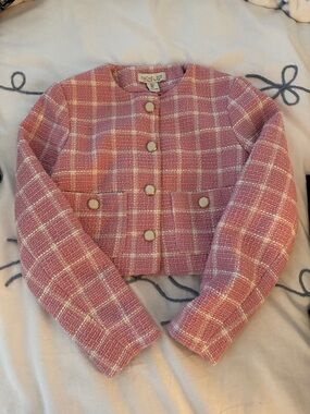 Rachel Zoe Pink Plaid Tweed Cropped Jacket with Gold Buttons